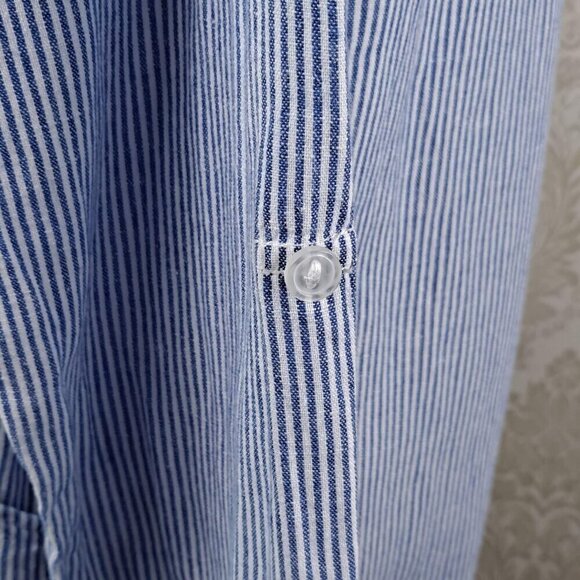 For Cynthia Sz Medium Blue White Striped Tunic Long Sleeve Roll Tab Split V-neck - Picture 6 of 15